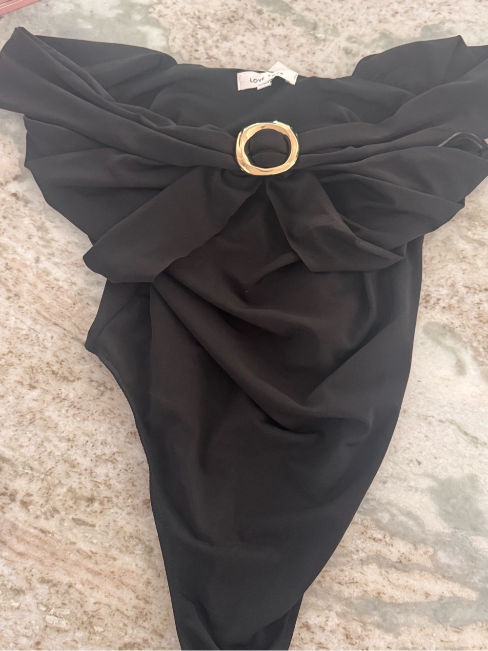 Love Tree Black Off Shoulder Bodysuit with Gold Accent